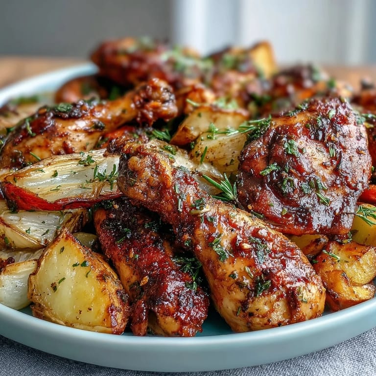Aromatic sheet pan herb chicken with tender chicken and caramelized root vegetables, garnished with fresh parsley for a wholesome, gluten-free meal.