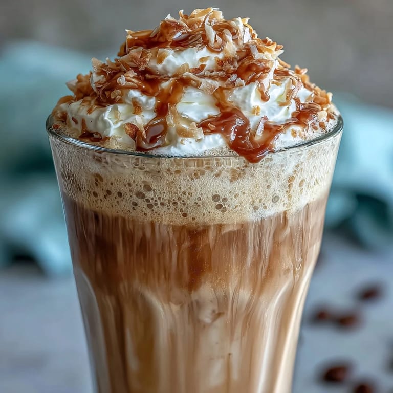 Indulgent vanilla bean frappuccino with a silky toasted coconut milk foam, perfect for a warm summer afternoon.