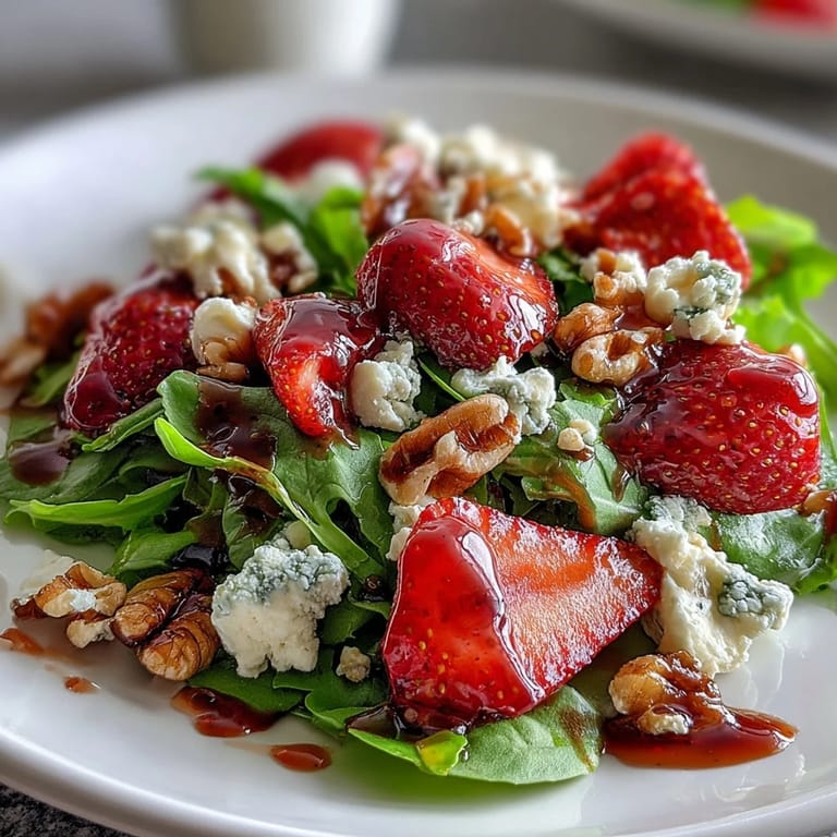 Fresh arugula topped with ripe strawberries, red onion, and crumbled goat cheese, finished with balsamic glaze and crunchy pecans.  