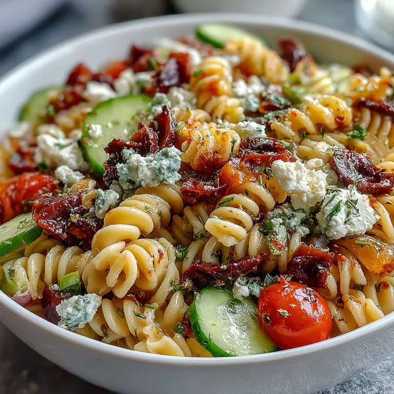 Colorful Mediterranean pasta salad featuring briny Kalamata olives, creamy feta, and crisp cucumbers in a tangy herb dressing.