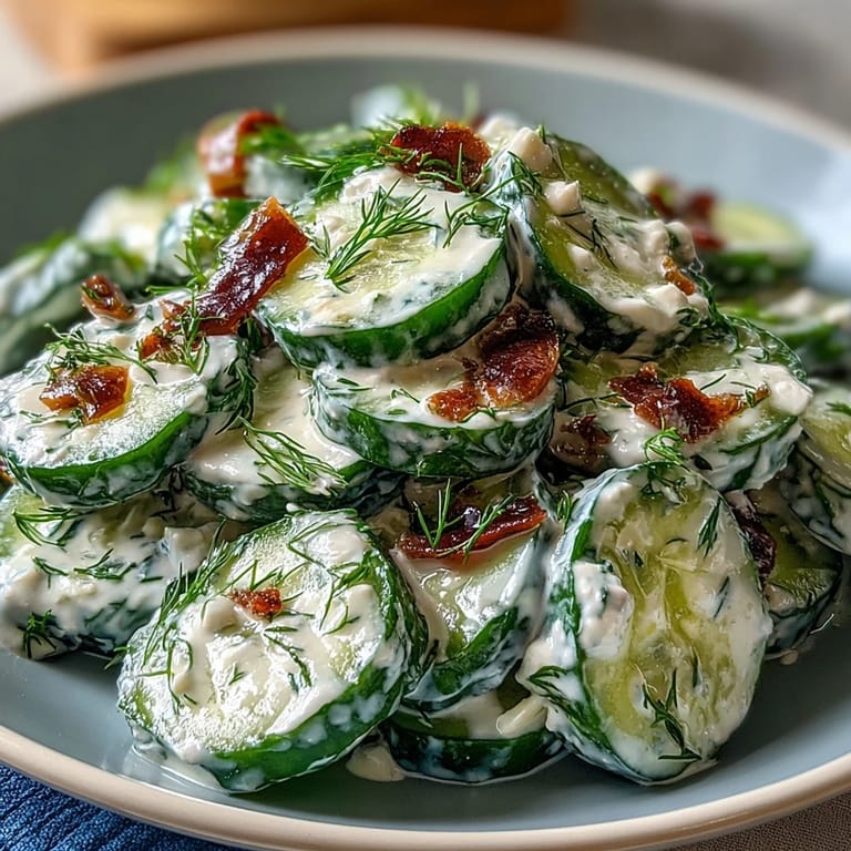 Cool and creamy cucumber salad with fresh dill, Greek yogurt dressing, and red onion slices for a light, healthy Mediterranean side.