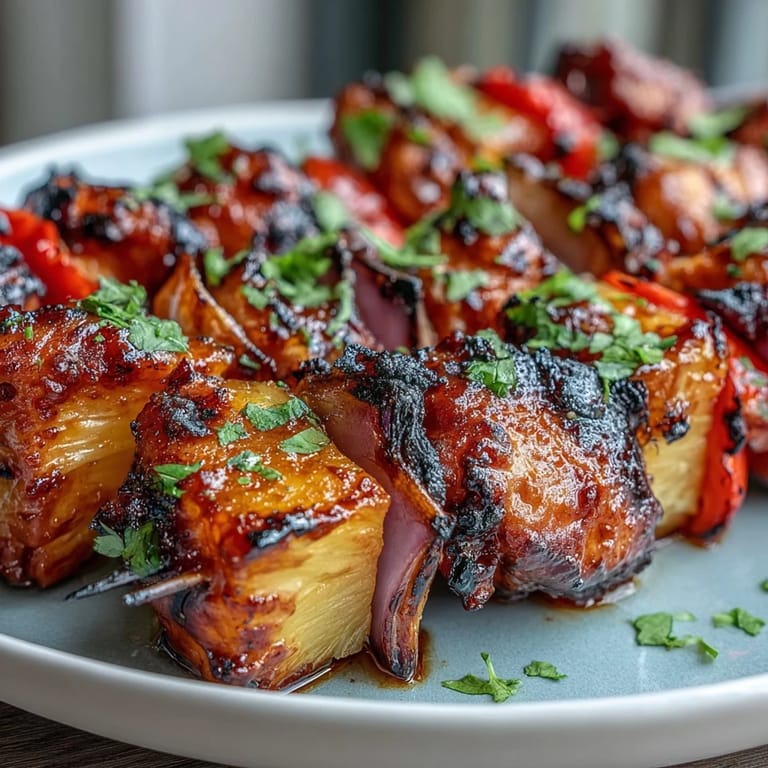 Tropical grilled pineapple chicken skewers featuring tender chicken and caramelized pineapple, ideal for backyard barbecues.