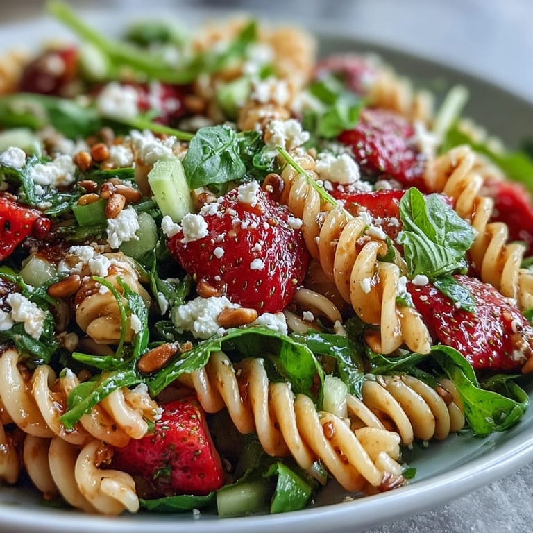Fresh Spring Pasta Salad with Strawberries, Feta, and Arugula, tossed with cucumber, basil, and a tangy balsamic-honey dressing for a vibrant vegetarian dish.