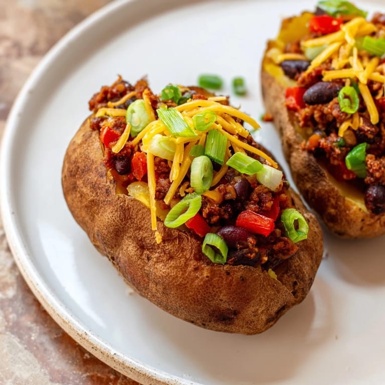 Close-up of a loaded Chili-Style Baked Potatoes, offering enticing textures and inviting aromas from the spices.