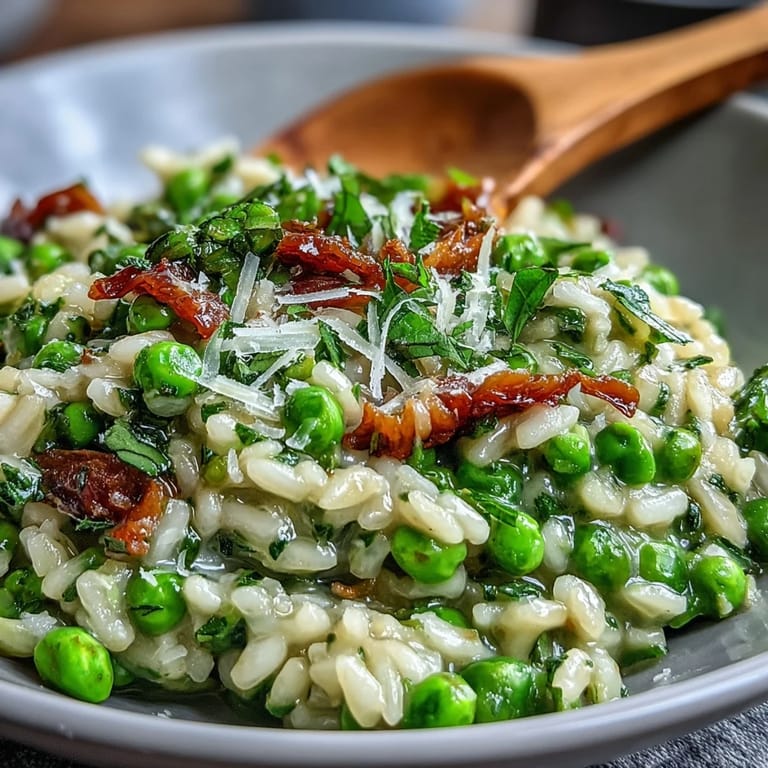 Warm, comforting spring pea risotto with aromatic mint and aged cheese, perfect for a vegetarian main dish.