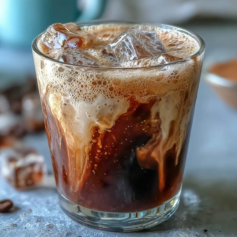Chilled shaken espresso with brown sugar and oat milk, photographed in a glass.