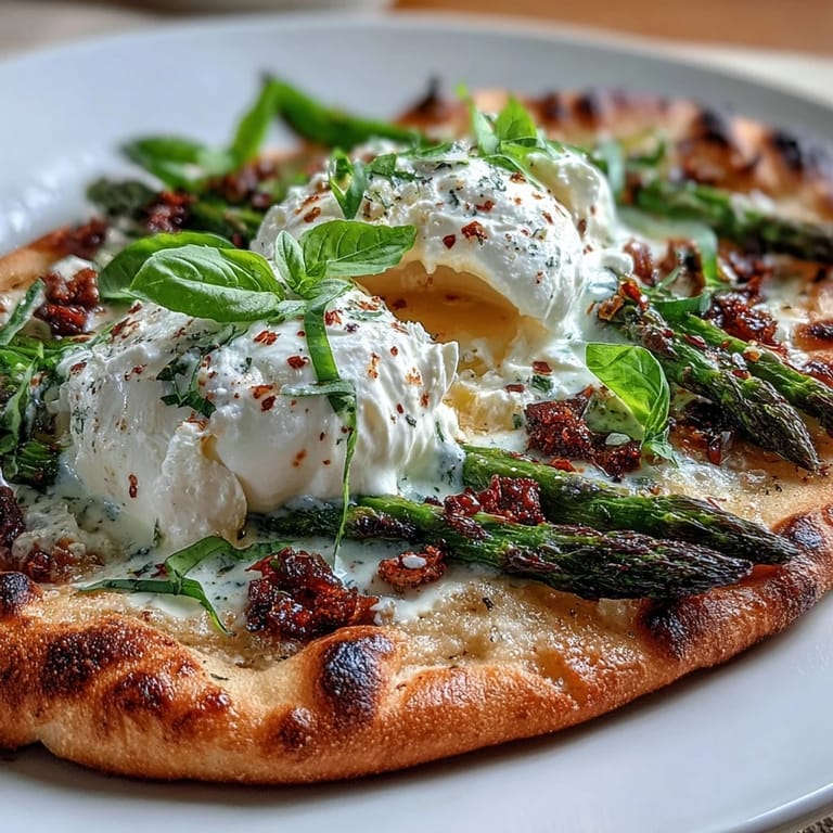 Fresh flatbread featuring spring asparagus, burrata, and vibrant lemon, ready to enjoy.