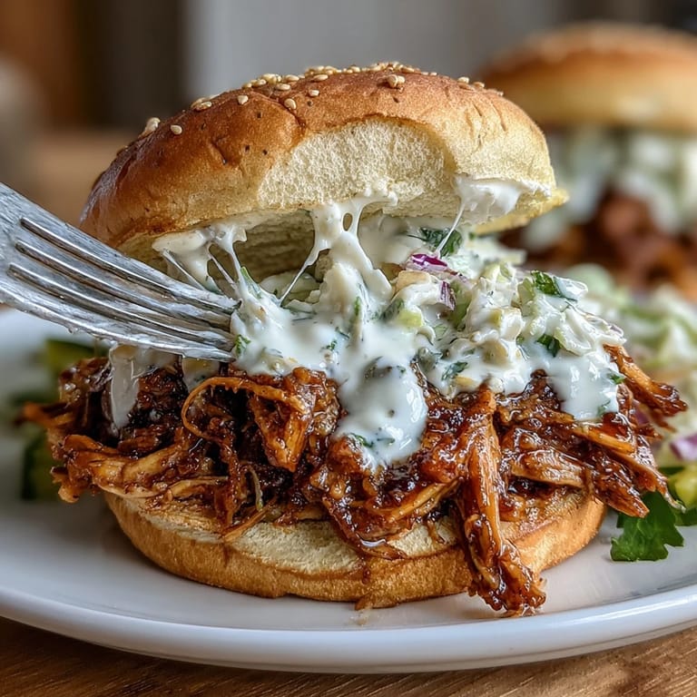 Close-up of {{Smoked Pulled Chicken Sandwiches with White BBQ Sauce}}, a saucy Southern delight.