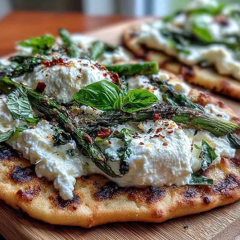 Savory flatbread topped with tender roasted asparagus, oozing burrata cheese, lemon.