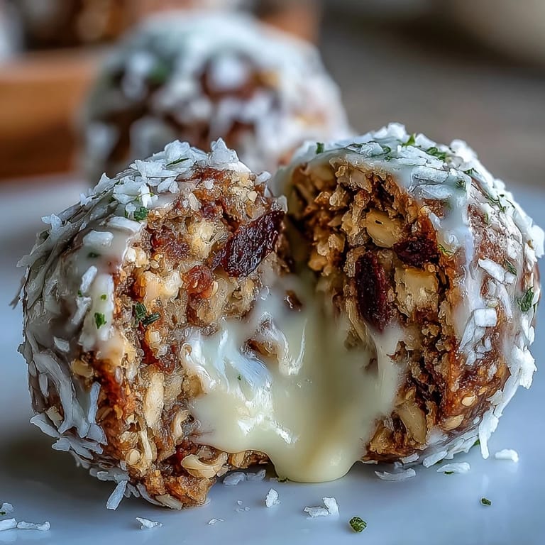 Bite-sized carrot cake bliss balls rolled in coconut, perfect for a quick vegan treat.