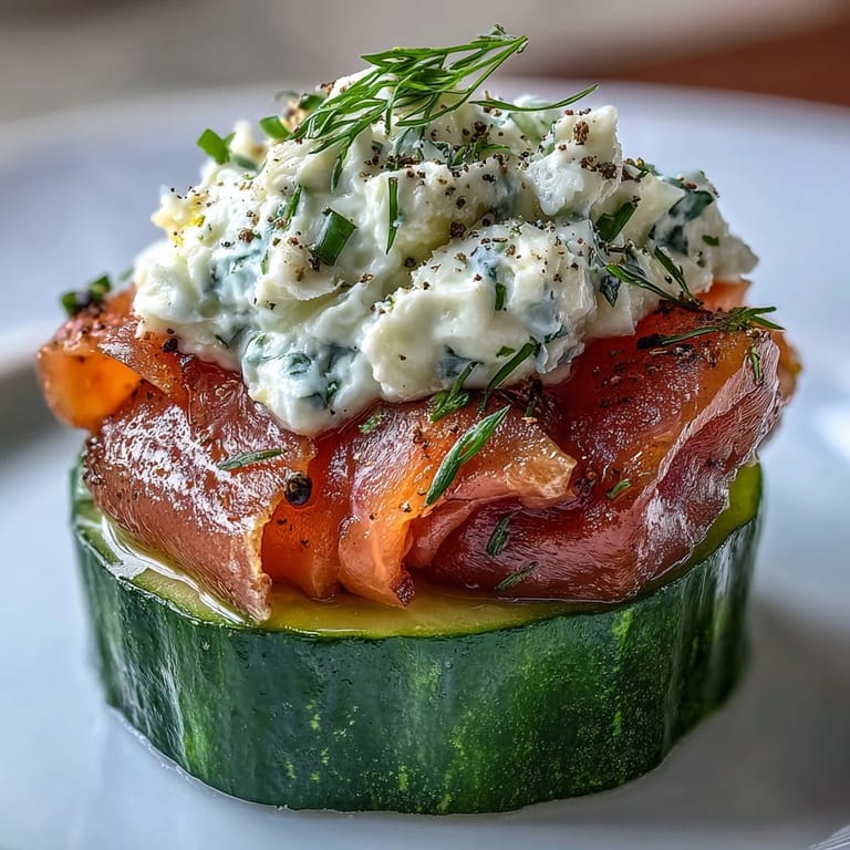Refreshing smoked salmon and dill cream cheese cucumber bites, ideal for brunch or party platters.  