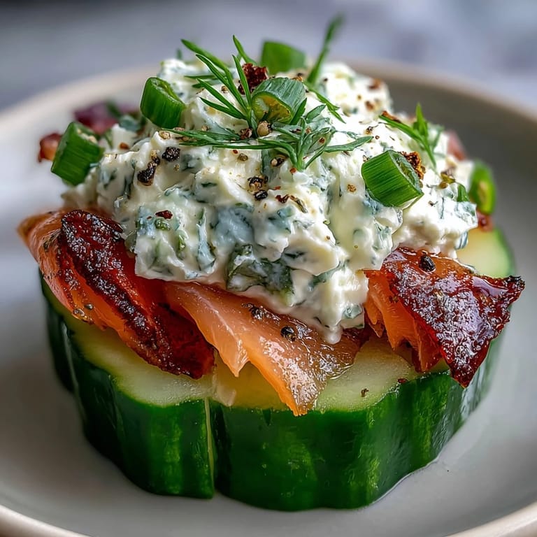 Elegant appetizer featuring cucumber slices topped with herbed cream cheese and smoked salmon for a light bite.