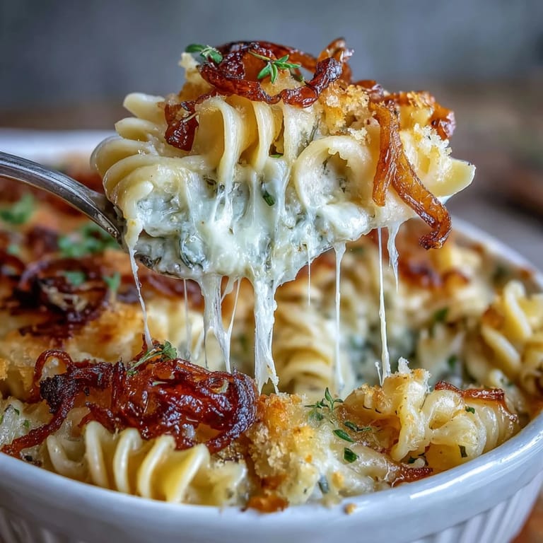 Golden-brown caramelized onions and melted Gruyère cheese create a rich, savory French onion pasta bake in a cozy casserole dish.