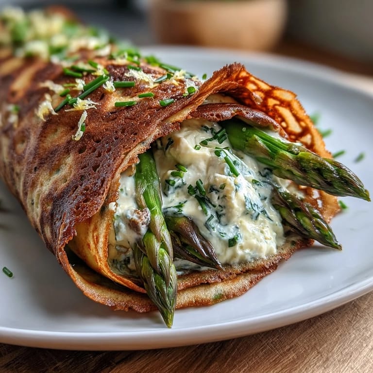 Delicate buckwheat crepes folded with a medley of sautéed asparagus, sugar snap peas, and zucchini, topped with fresh herbs.  