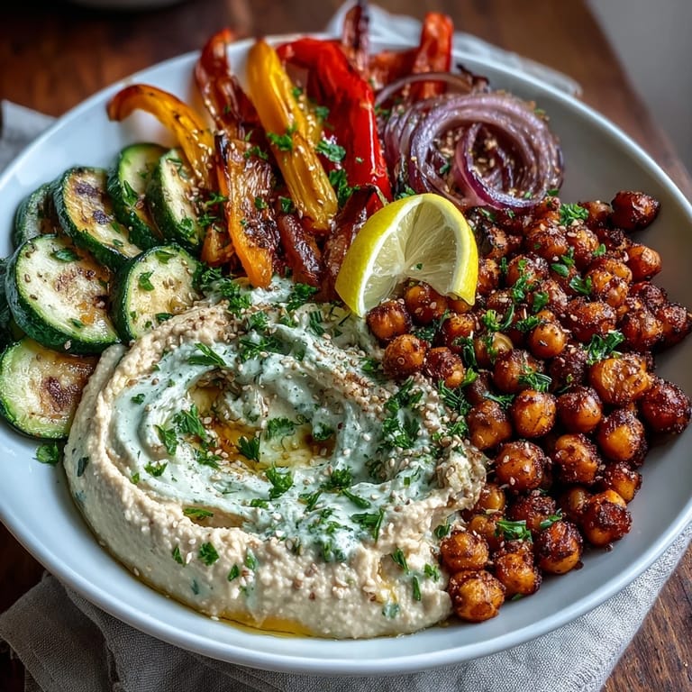 Tender charred vegetables and seasoned crispy chickpeas atop fluffy hummus in a healthy bowl.