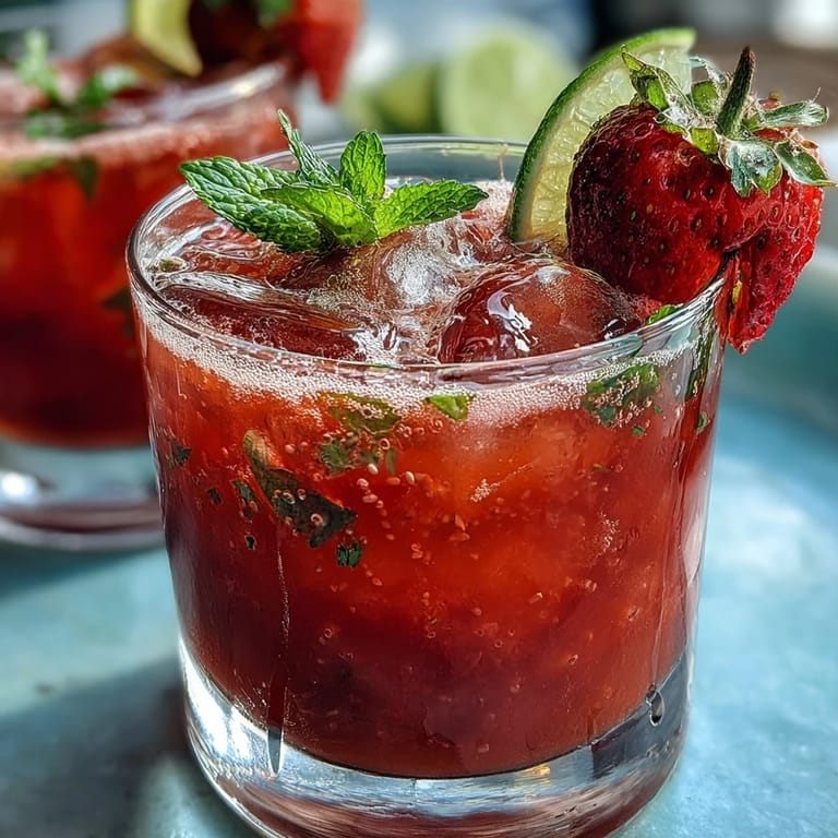 Vibrant red strawberry agua fresca served over ice with fresh berries and citrus slices for a cooling drink.  