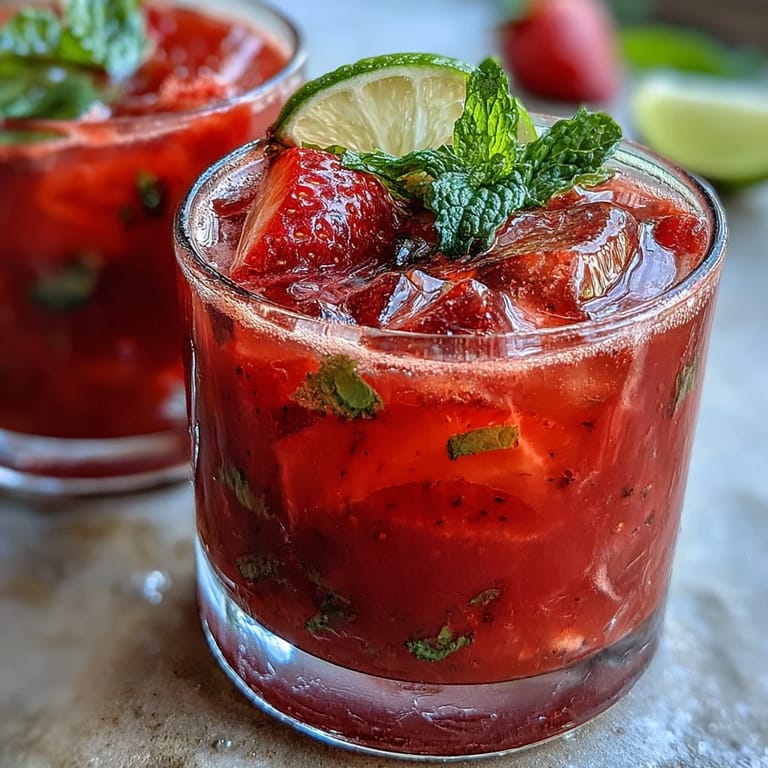 Homemade strawberry agua fresca with bright red fruit, lime wedges, and mint leaves in a chilled glass.