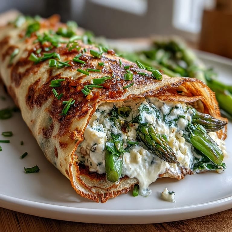 Golden buckwheat crepes rolled with rich herbed ricotta and goat cheese, showcasing fresh seasonal produce for a light meal.