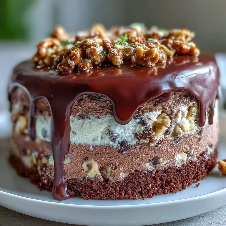 Rich layer cake, showcasing moist chocolate and creamy peanut butter filling with pretzel crunch.