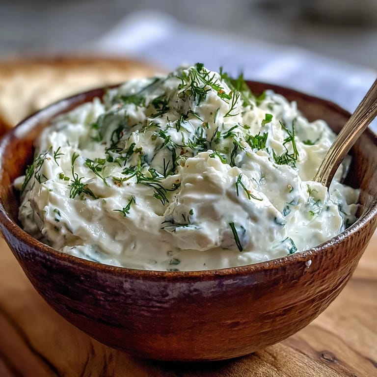Vibrant Skyr Tzatziki Dip, a refreshing Mediterranean appetizer, perfect for dipping.