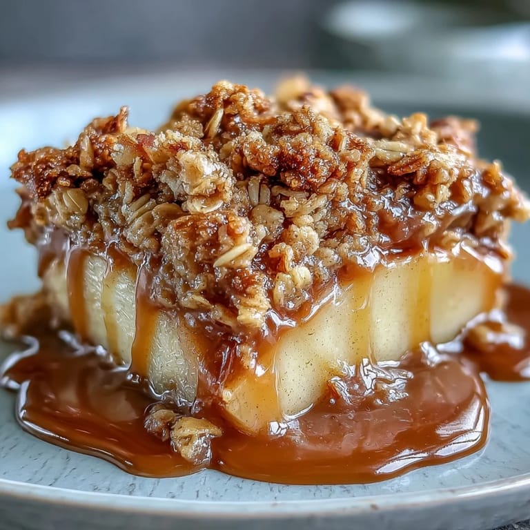 Close-up of bubbly Father's Day Whiskey Caramel Apple Crisp, ready to serve.