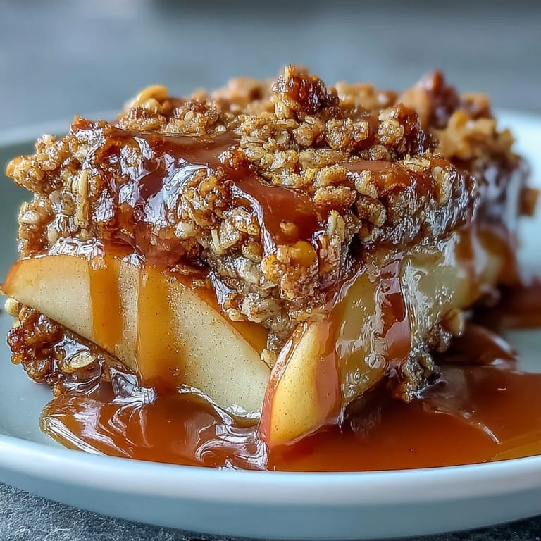 Delectable Father's Day Whiskey Caramel Apple Crisp, featuring tender apples and caramel drizzle.