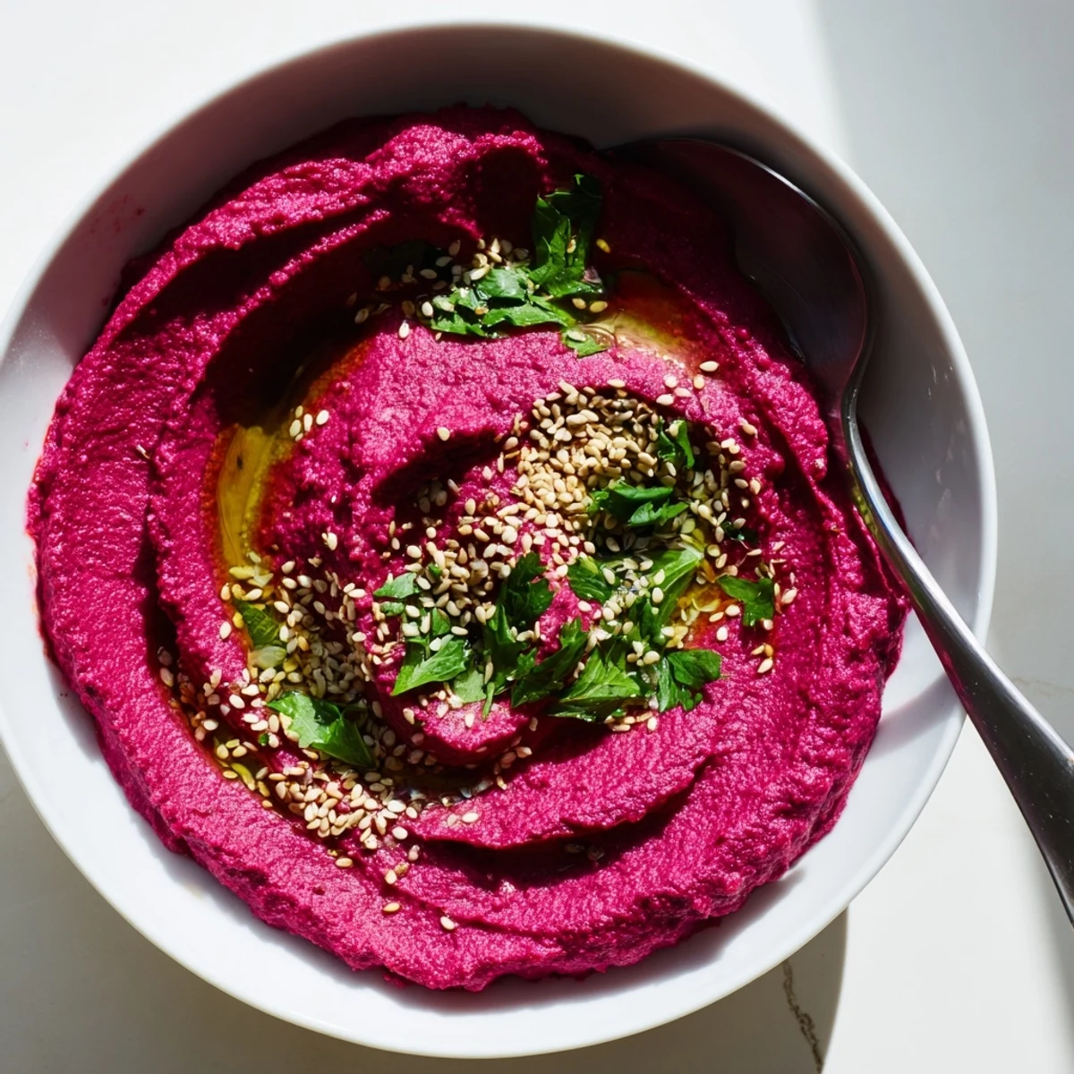 A bowl of roasted beet hummus, vibrant magenta, drizzled with olive oil and topped with parsley.  