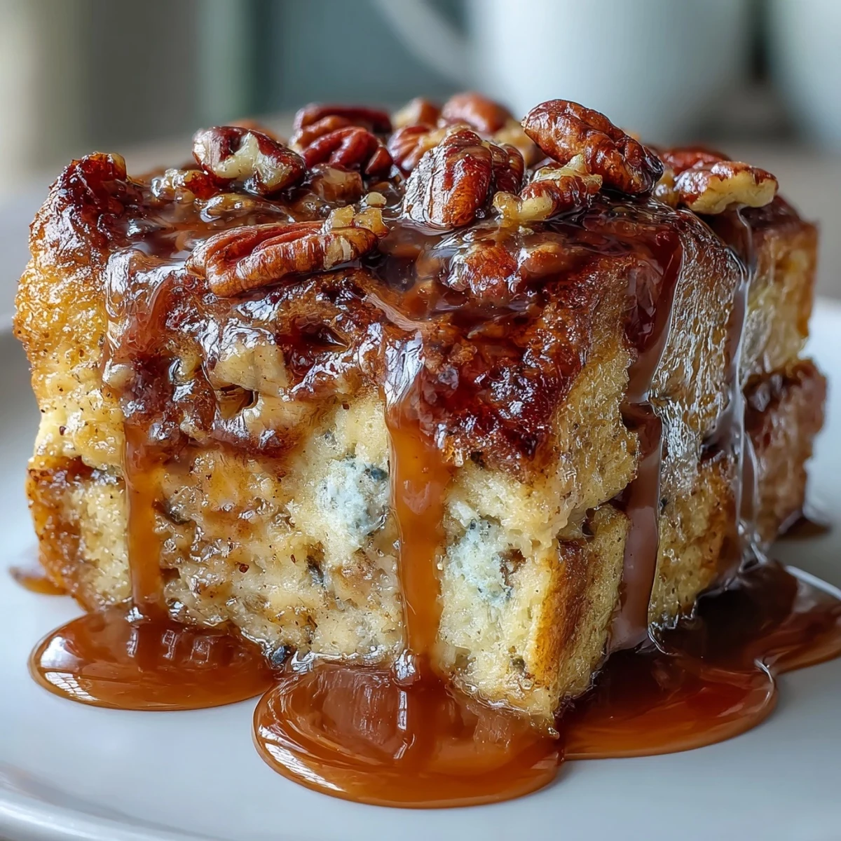 Golden-brown Guava Caramel Bread Pudding With Pecans bubbling in a ceramic dish, caramel drizzled on top.