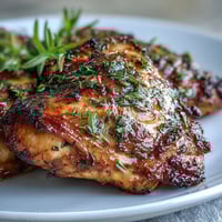 Golden roasted chicken with fresh lemon slices and fragrant herbs, served with crispy baby potatoes on a rustic platter.