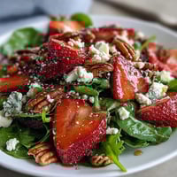 Vibrant strawberry arugula salad with creamy goat cheese, toasted nuts, and tangy balsamic glaze, perfect for spring gatherings.  