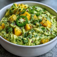 Creamy Cinco de Mayo guacamole with juicy mango and spicy jalapeño, perfect for dipping with tortilla chips.