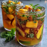 Refreshing mango peach sangria with citrus slices and fresh mint in a glass pitcher, perfect for summer parties.  
