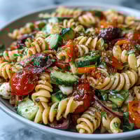 Easy Summer Pasta Salad with Italian Dressing, featuring colorful fusilli pasta and fresh vegetables, tossed in zesty dressing for a vibrant picnic side dish.