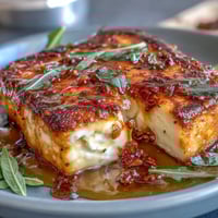 Golden halloumi cheese pan-seared to perfection and drizzled with chili-infused hot honey over fresh arugula. Crispy, salty cheese meets sweet and spicy honey in a vibrant vegetarian appetizer.