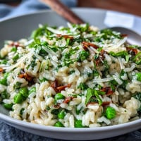 Creamy spring pea risotto with fresh mint, Parmesan, and lemon zest in a shallow bowl.  