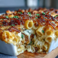 A bubbling French onion pasta bake with caramelized onions and golden Gruyère cheese melting over tender rigatoni.