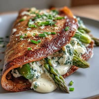 A stack of savory buckwheat crepes filled with creamy herbed cheese and vibrant spring vegetables, perfect for brunch.  