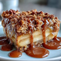Warm Father's Day Whiskey Caramel Apple Crisp with golden oat topping.